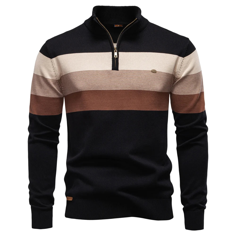 Men's Cotton Mock Neck Stand Collar Quarter Zipper Pullover Sweater