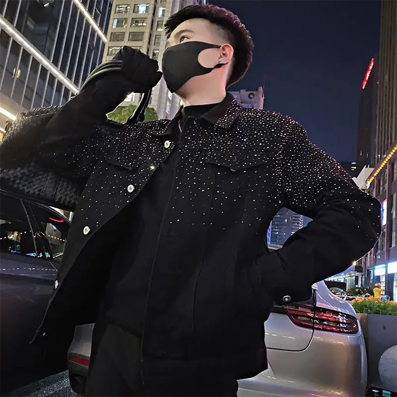 Short Rhinestones Cargo Jacket for Men Black High Quality Harajuku