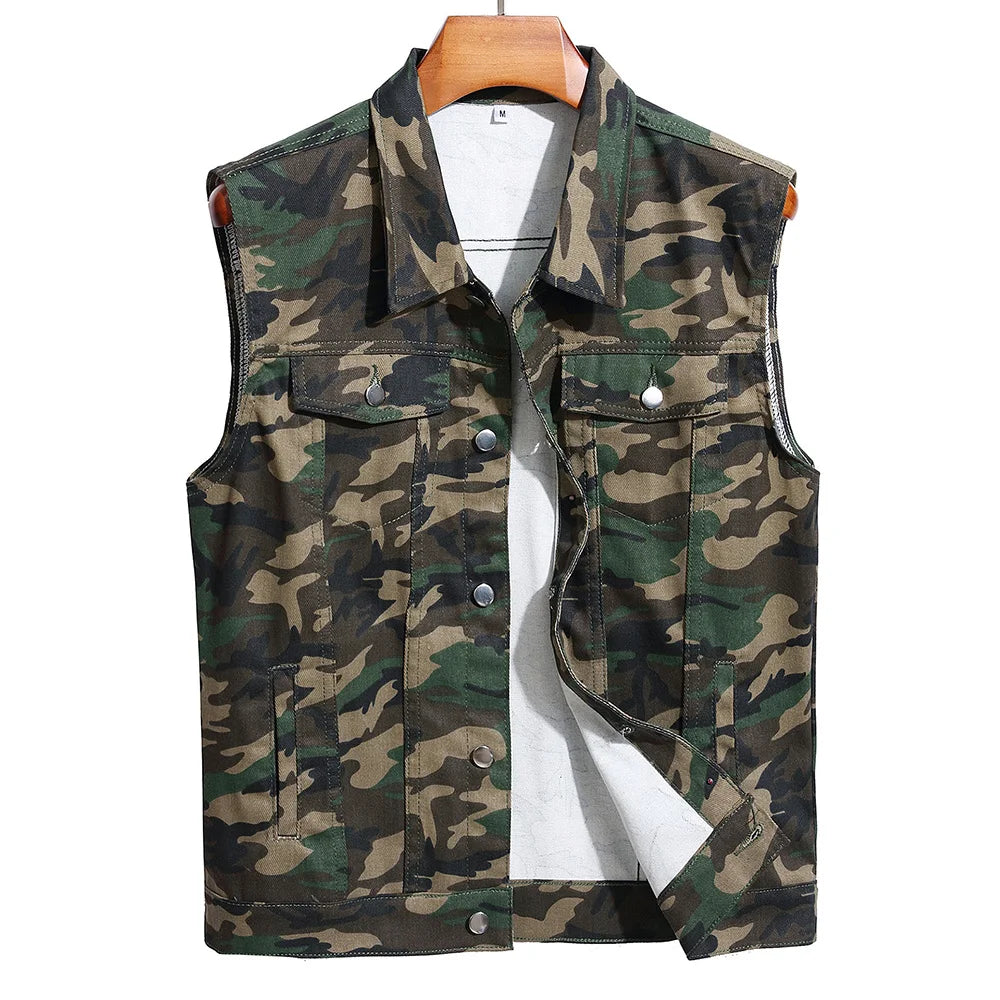 Men Camouflage Denim Vest Causal Loose Cotton Coat Streetwear Outerwear
