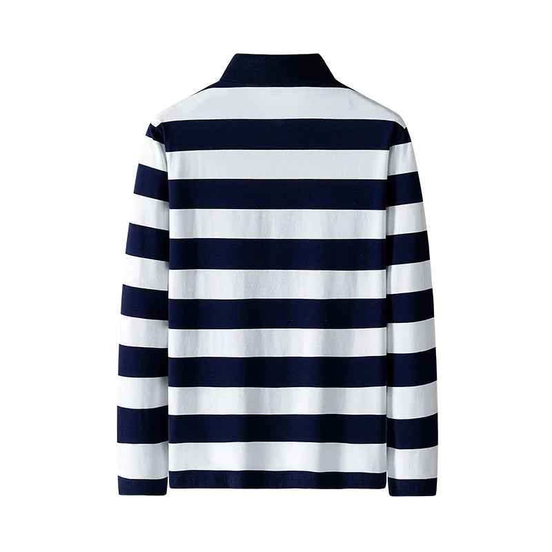 Men Cotton Long Sleeve Stripe Embroidery Casual Polo Shirt