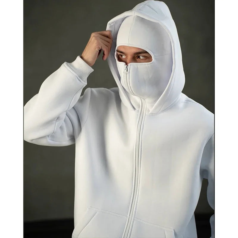 Men's Double Hat Mask Zipper Jacket Windproof Hoodie Outdoor Sweatshirt ﻿