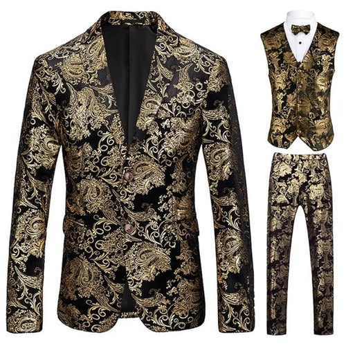 Men's 3-Piece Floral Tuxedo Suit | 2-Button Slim Fit Set (Jacket+Vest+Pants) for Themed Parties