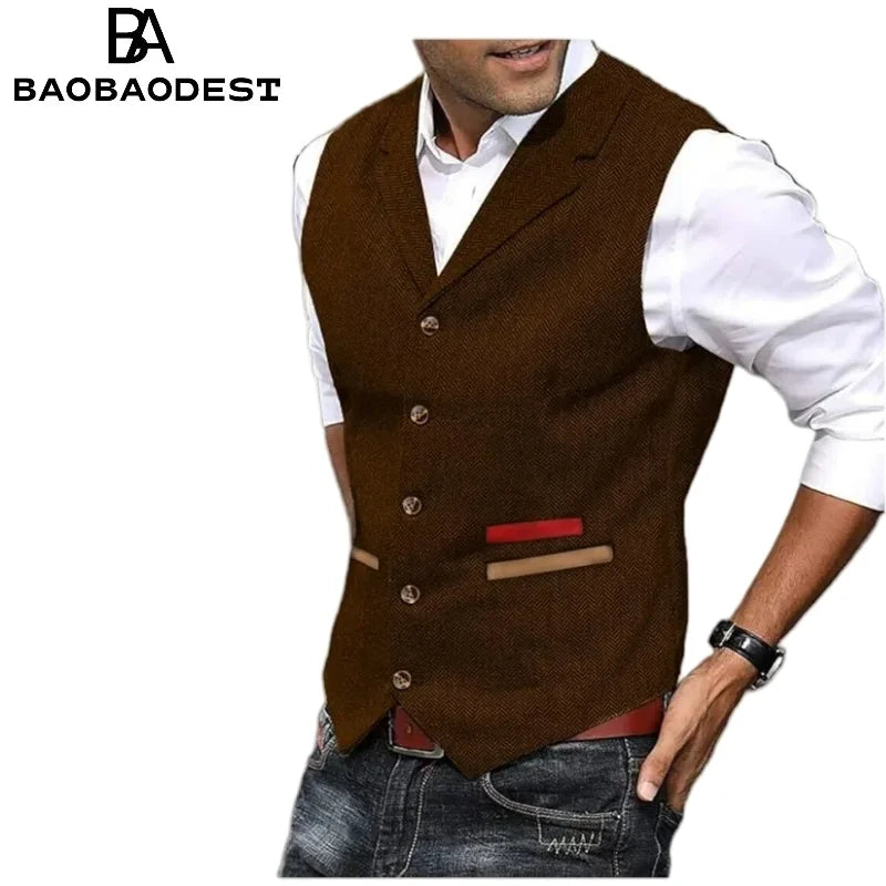 Men's Vintage Herringbone Tweed Vest - Wool Waistcoat Gilet| Custom Tailored Fit