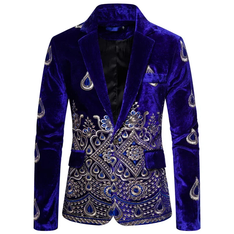 Floral Embroidery Luxury Velvet Formal Slim Fit Single Button Men's Suit Jacket