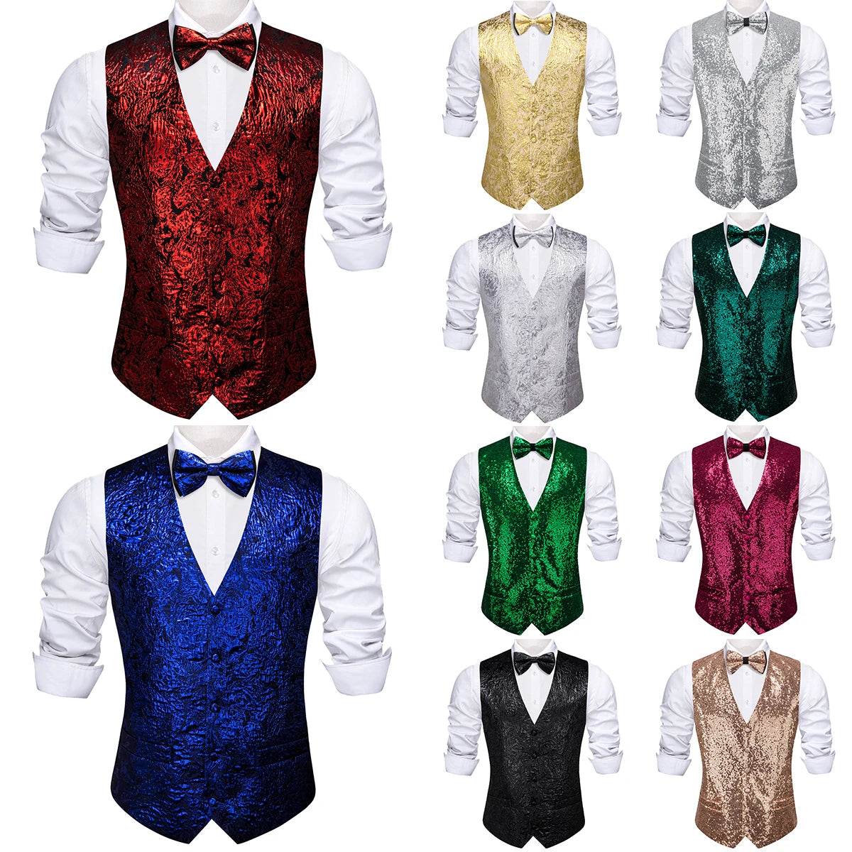 Designer Vest for Men Silk Shine Solid Plain Waistcoat Bowtie Set