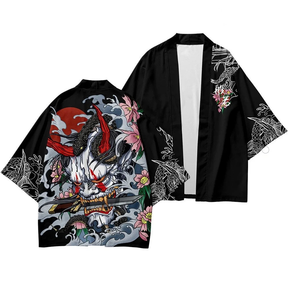 Men Demon Dragon Pattern Printed Kimono Cardigan Japanese Traditional Cloak