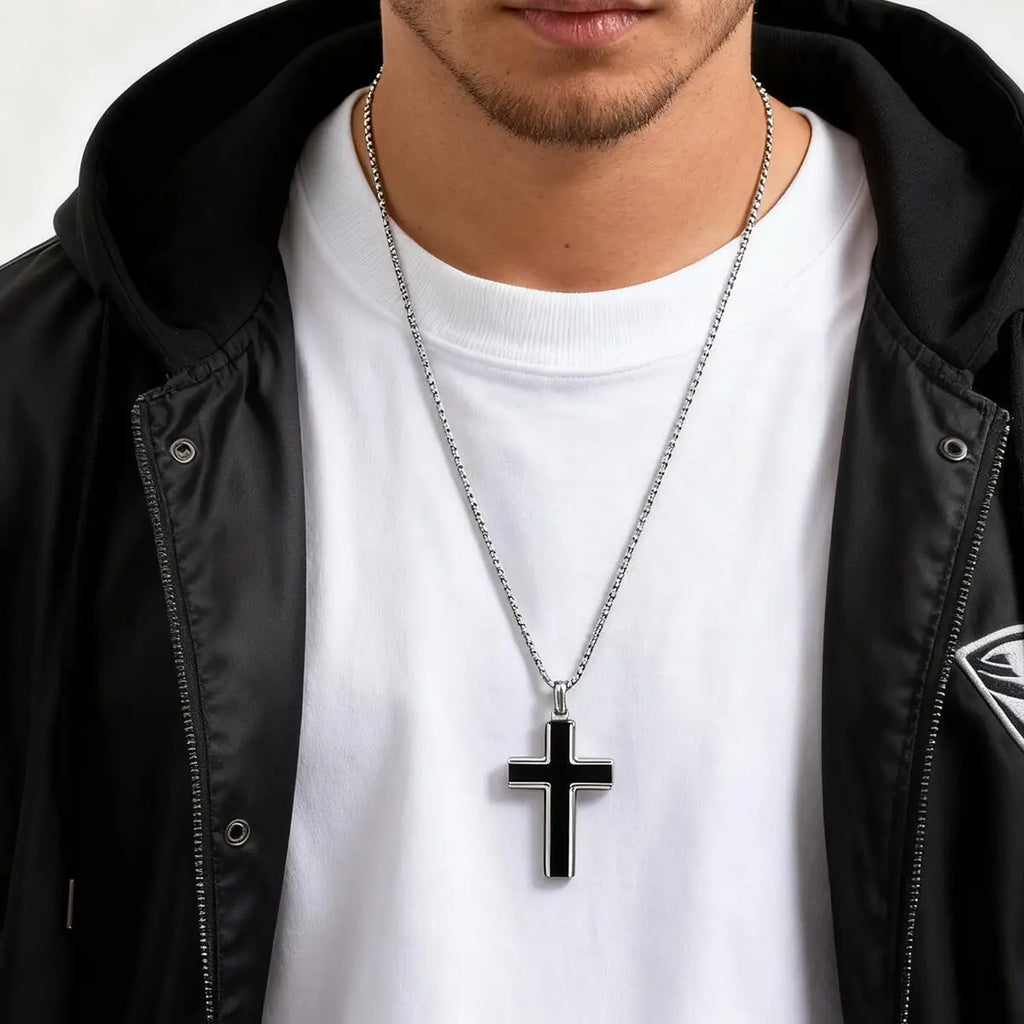 Stylish Men's Natural Onyx Necklace Waterproof Stainless Steel Cross Pendant