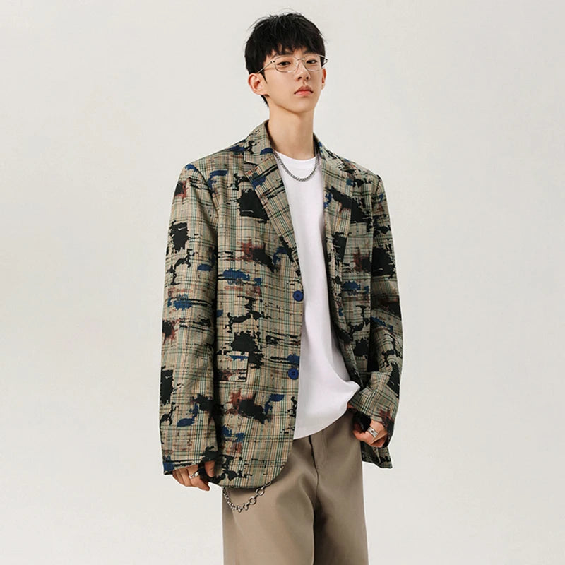 Checked Graffiti Printed Blazer Coat Men's Autumn Loose High Quality Handsome Jacket
