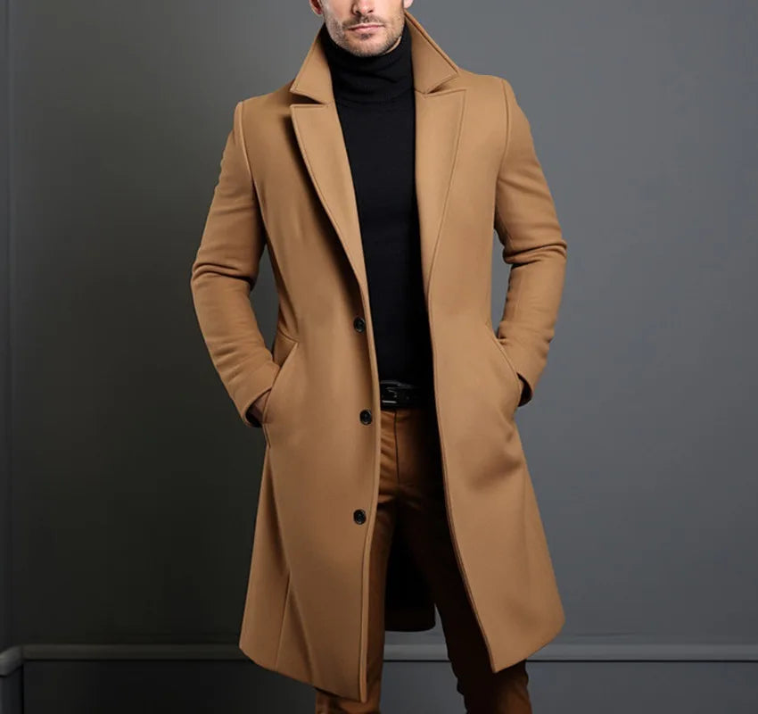 Men Elegant Woolen Jacket with Lapel Pockets Slim Solid Color Collar Trench Coat