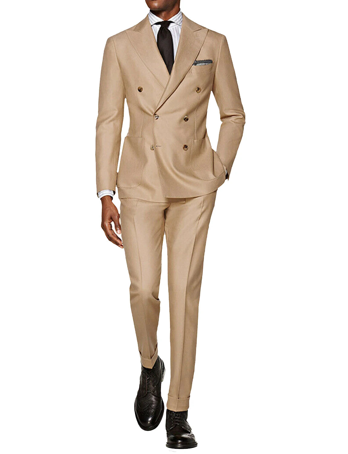 Beige Suit with Peak Lapel Double Breasted Slim Fit Tuxedos 2 Pieces Suits