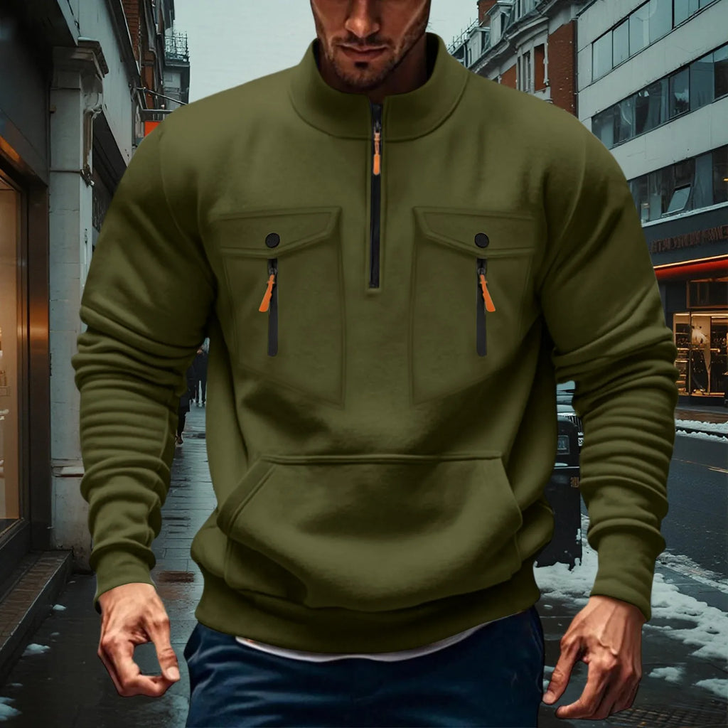 Quarter Zipper Men Stand Up Collar Sweatshirt cargo Long Sleeve Sweatshirt