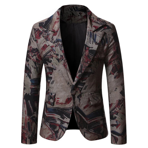 Vintage Printed Formal V-Neck Slim Fit Floral Blazers Casual Single Button Men's Suit Jackets