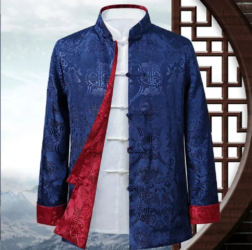 Men Chinese Satin Silk Tang Suit Double Faced Long Sleeve Jackets Size S-3XL