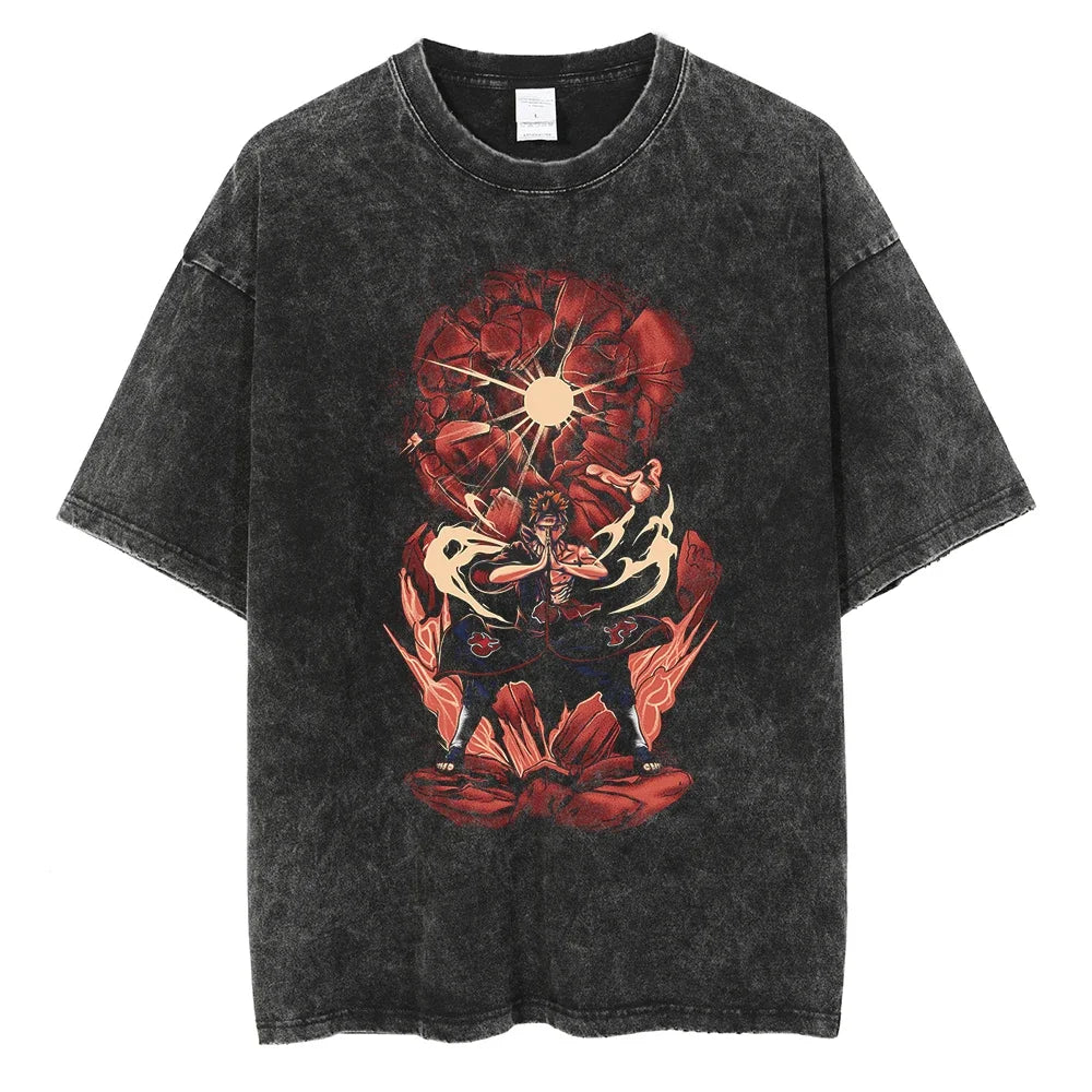 Vintage Men Streetwear Anime Print Short Sleeve Cotton T Shirt