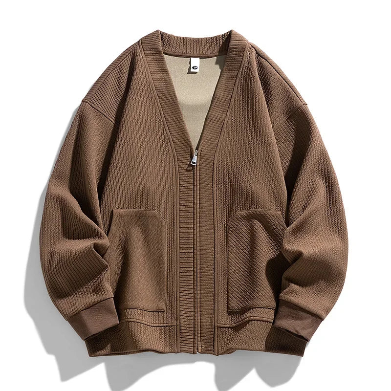 Men Cardigan Pockets Coat Oversize Simple Thin Zipper Loose Sweater