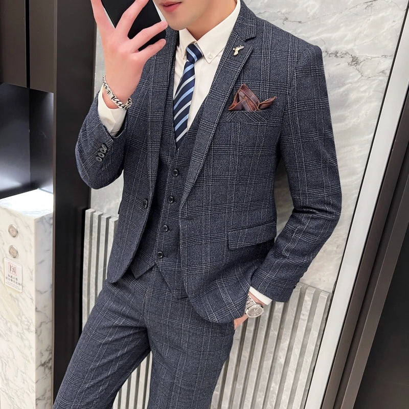 Men's British Three-piece Set Slim Fit Suit Vest Trousers Ensemble Handsome All-in-one