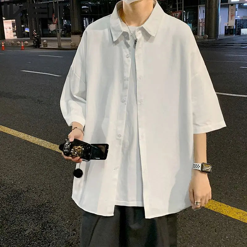 Japanese Men's Splicing Square Collar Button Letters Loose Casual Shirts