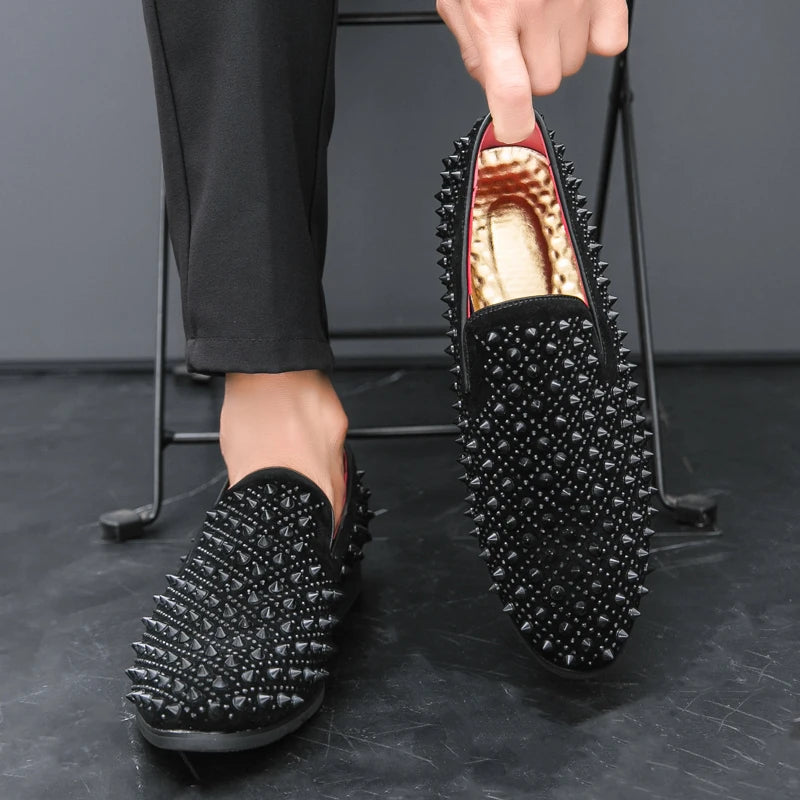 Rivet hot diamond Loafers men's British vintage rhinestone hipster leather shoes