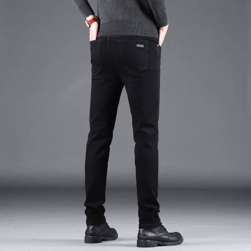 Men's Pure Black Slim Jeans Elastic Straight Leisure Korean Vintage Denim Pants