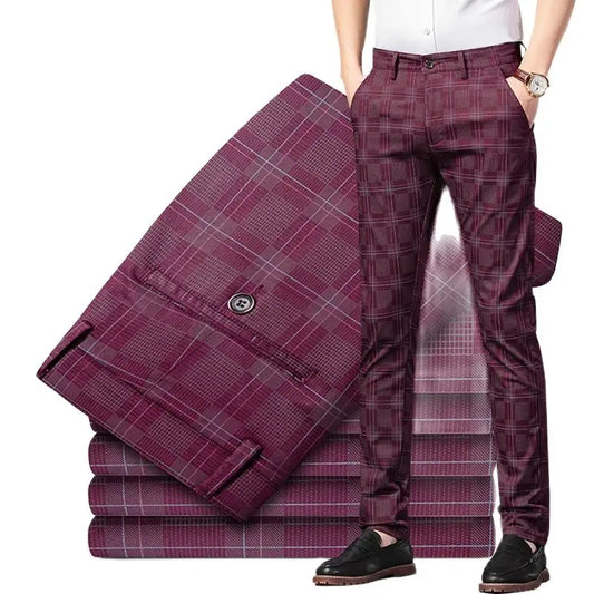 Casual Korean Men's Straight Slim Fit Trousers Plaid Suit Pants