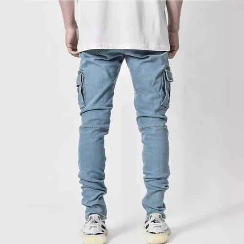 Men Elastic Denim Jeans Wash Solid Color Cargo Slim Fit Mid Waist Trousers