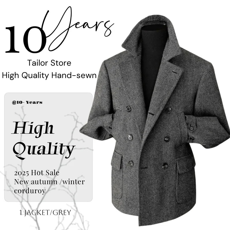 Men's Vintage Herringbone Tweed Blazer British Double Breasted Lightweight Coat