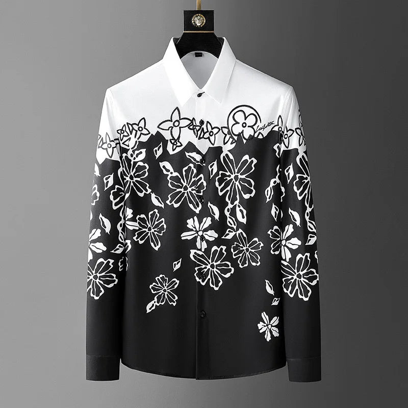 Men's Retro Printed Long Sleeve Spring Printed Collar Shirt Street Simple