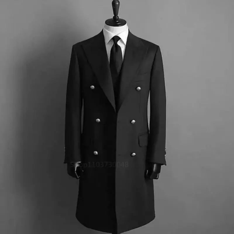Smart Navy/Black Woolen Men Blazer with Peak Lapel Double Breasted Elegant Suit Coat