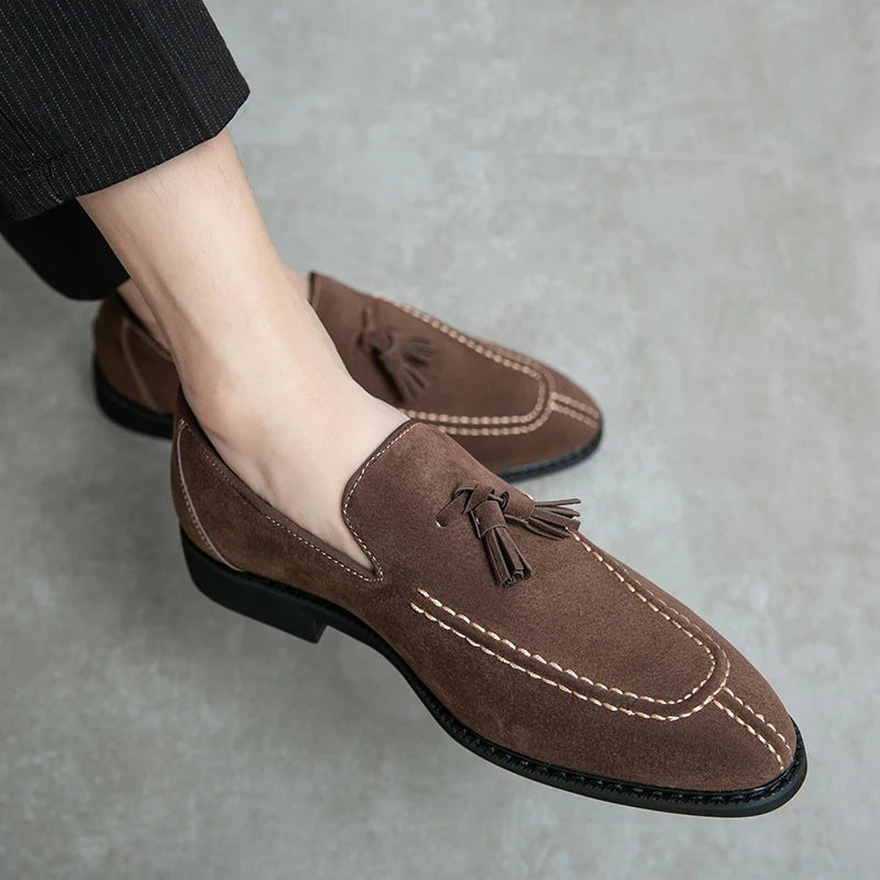 Men's Loafers Suede Vintage Slip-on Men Dress Tassel pointed shoes
