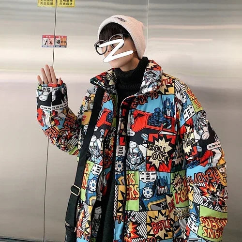 Graffiti Cartoon Print Parkas Streetwear Harajuku Men's Zipper Cotton Padded Jacket