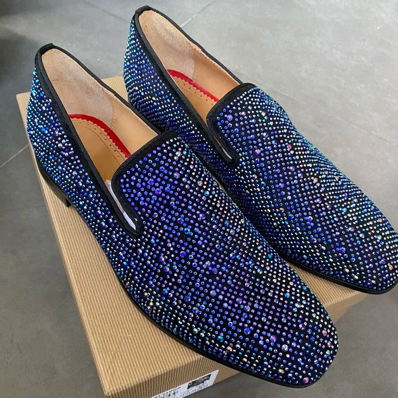 Royal Blue Rhinestone Loafers Luxury Men's Dress Shoes Slip On Leather Flats