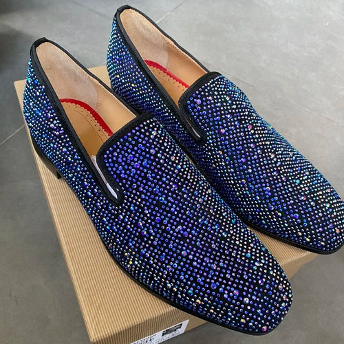 Royal Blue Rhinestone Loafers Luxury Men's Dress Shoes Slip On Leather Flats