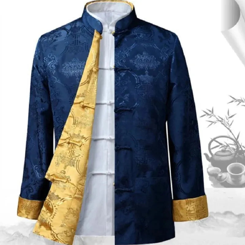 Men Chinese Satin Silk Tang Suit Double Faced Long Sleeve Jackets Size S-3XL