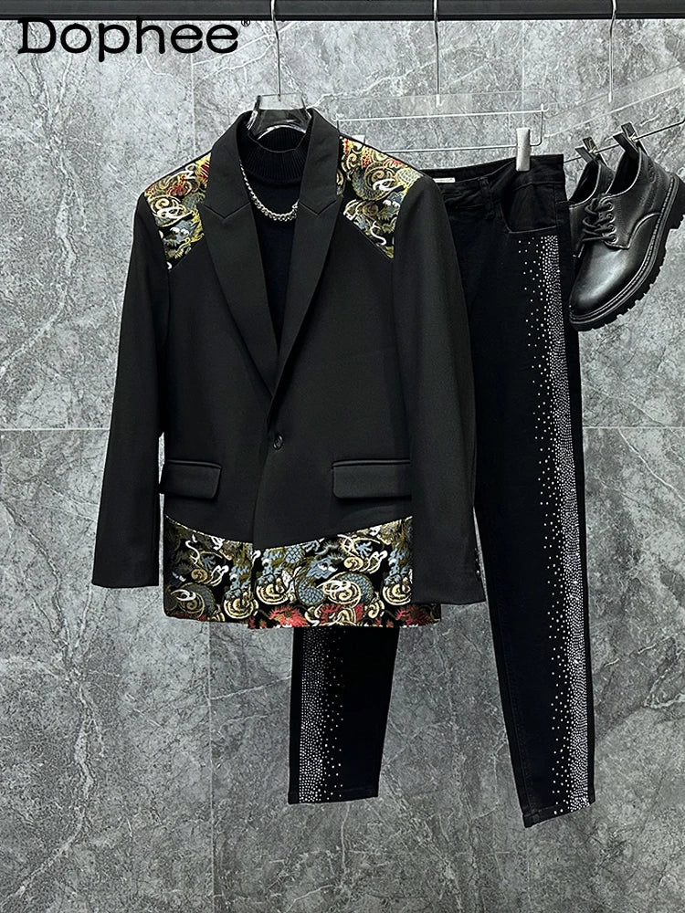 Embroidery Splicing Male Long Sleeve Trendy Men's Blazers Loose-Fitting Jacket