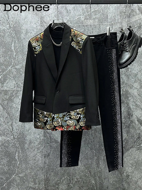 Embroidery Splicing Male Long Sleeve Trendy Men's Blazers Loose-Fitting Jacket