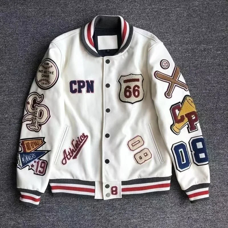 Streetwear Men Bomber Varsity Jackets Embroidery Pu Leather Jacket Outerwear