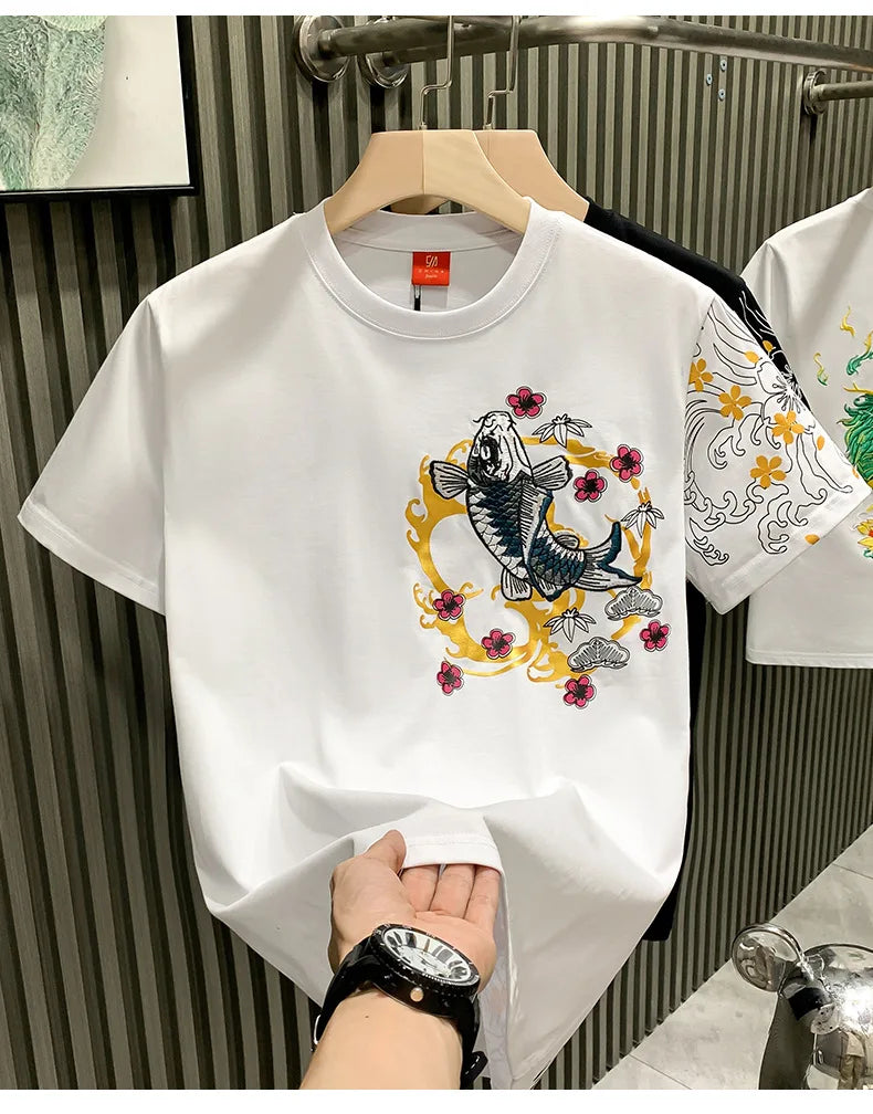 Trendy brand European-style Chinese koi short-sleeve T-shirt men's top