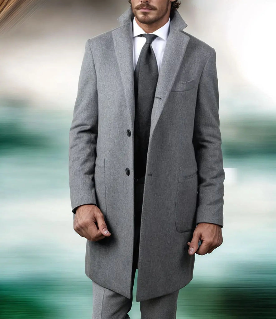 Men Elegant Woolen Jacket with Lapel Pockets Slim Solid Color Collar Trench Coat