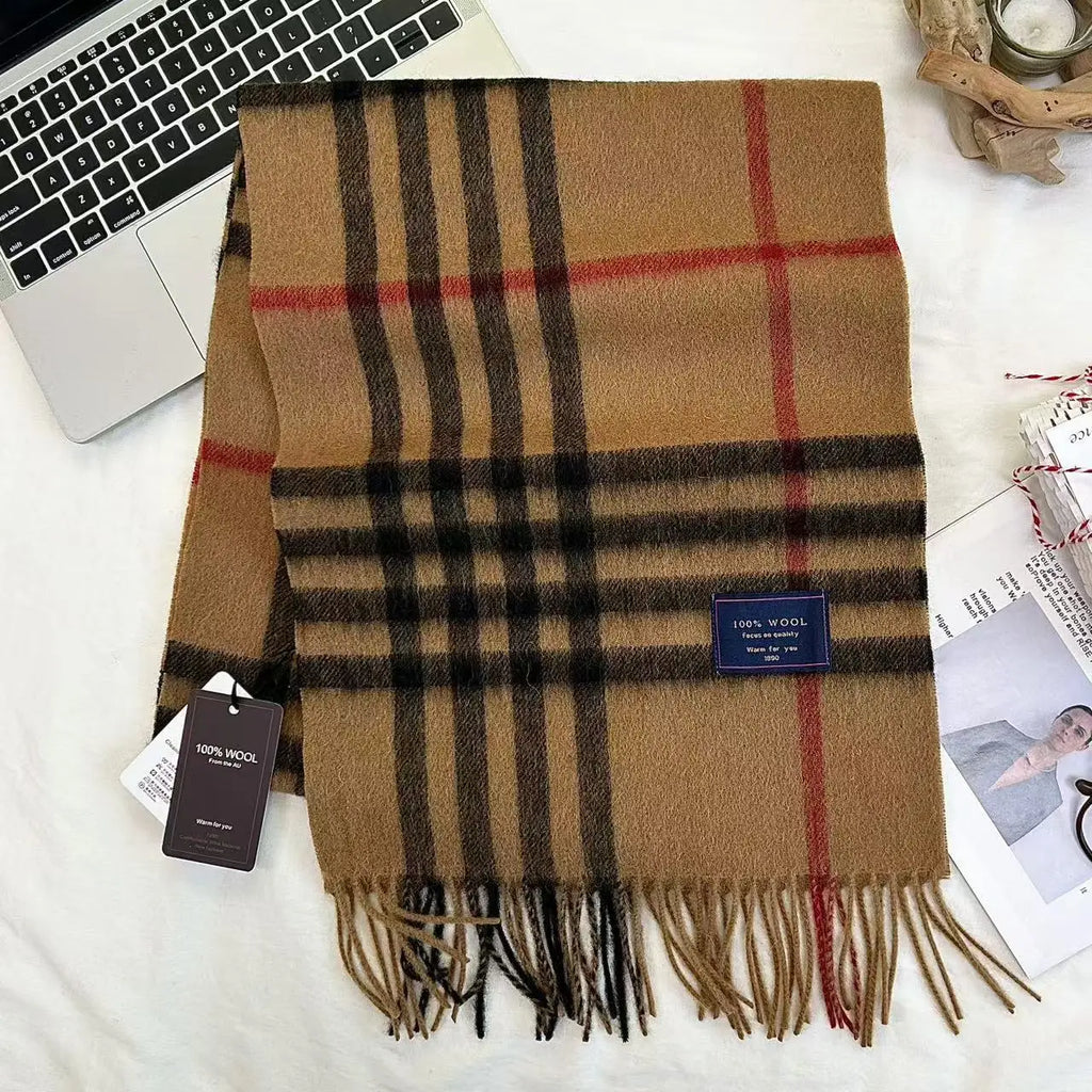 Men 100% Wool Plaid Muffler Cashmere Windproof Stripe Tassel Shaw Thick Scarf