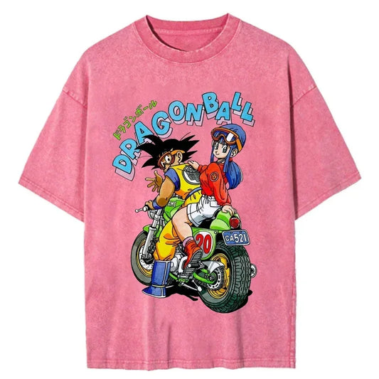 Men Oversized Vintage T Shirt Dragon Ball Washed Cotton Pink Top