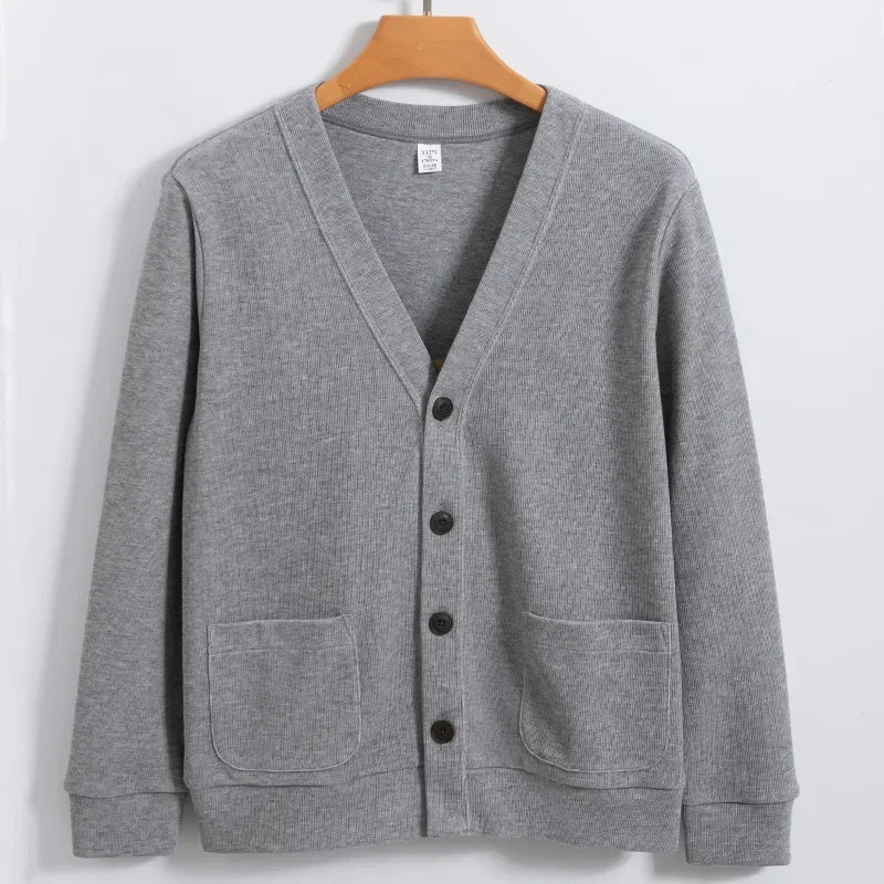 Knitted Cardigan Men Solid Korean Fashion 80% Cotton V-Neck Collar Sweater
