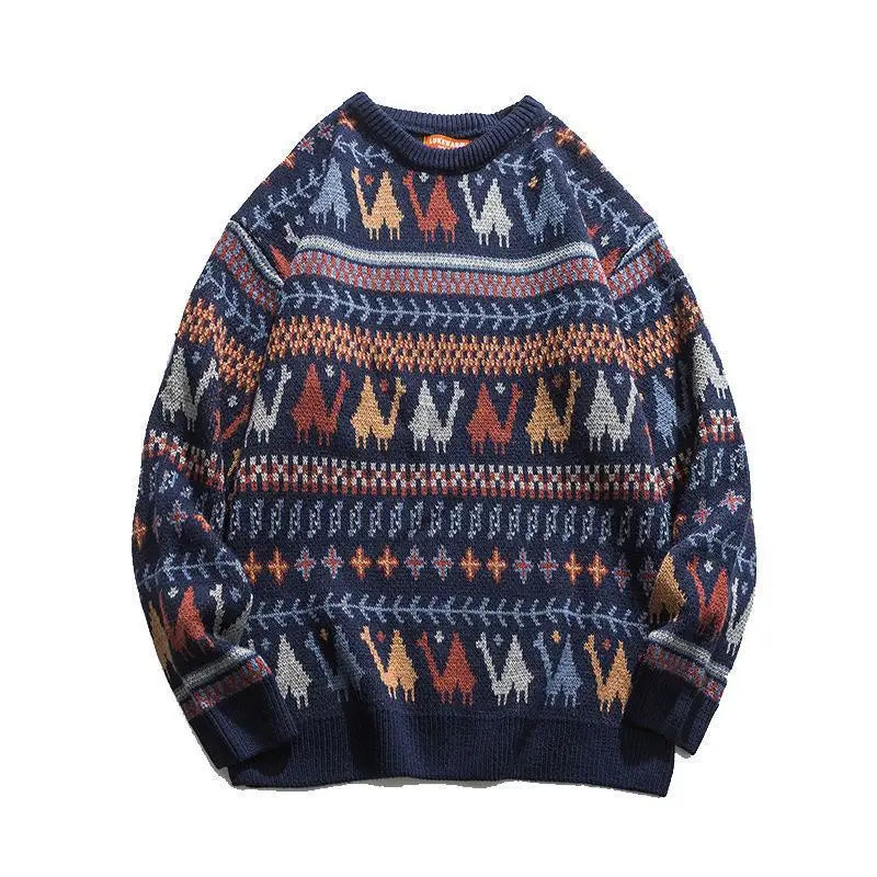 Ethnic Style Crew Neck Pullover Sweater Men Loose  Japanese Retro Thickened Outerwear