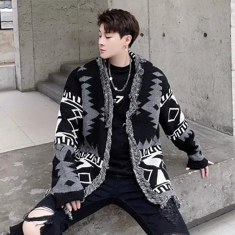 Men's Printed Tassel Knit Cardigan American Vintage HK Style Loose Casual Thin Woolen Sweater