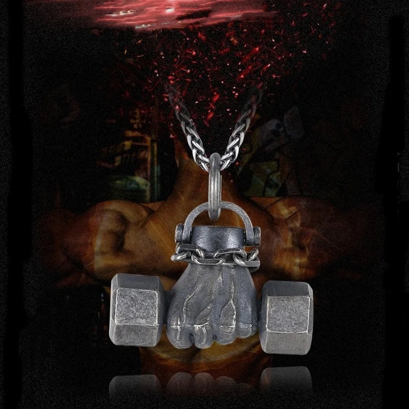 925 Sterling Silver Vintage Fist Dumbbell Necklace Pendant For Women Men Fine Jewelry