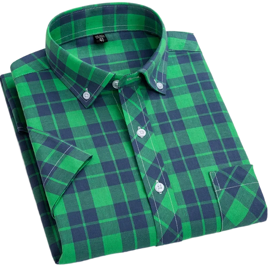 Men's Shirts Short Sleeve Plaid Korea Stylish Thin 100% Cotton Regular Fit Size S~6XL