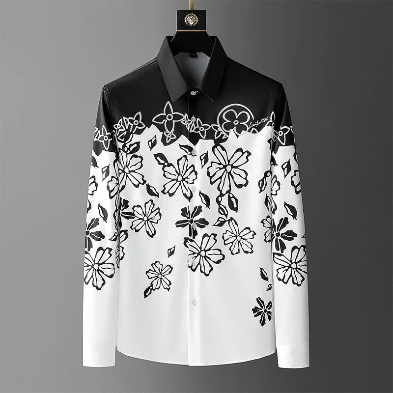 Men's Retro Printed Long Sleeve Spring Printed Collar Shirt Street Simple