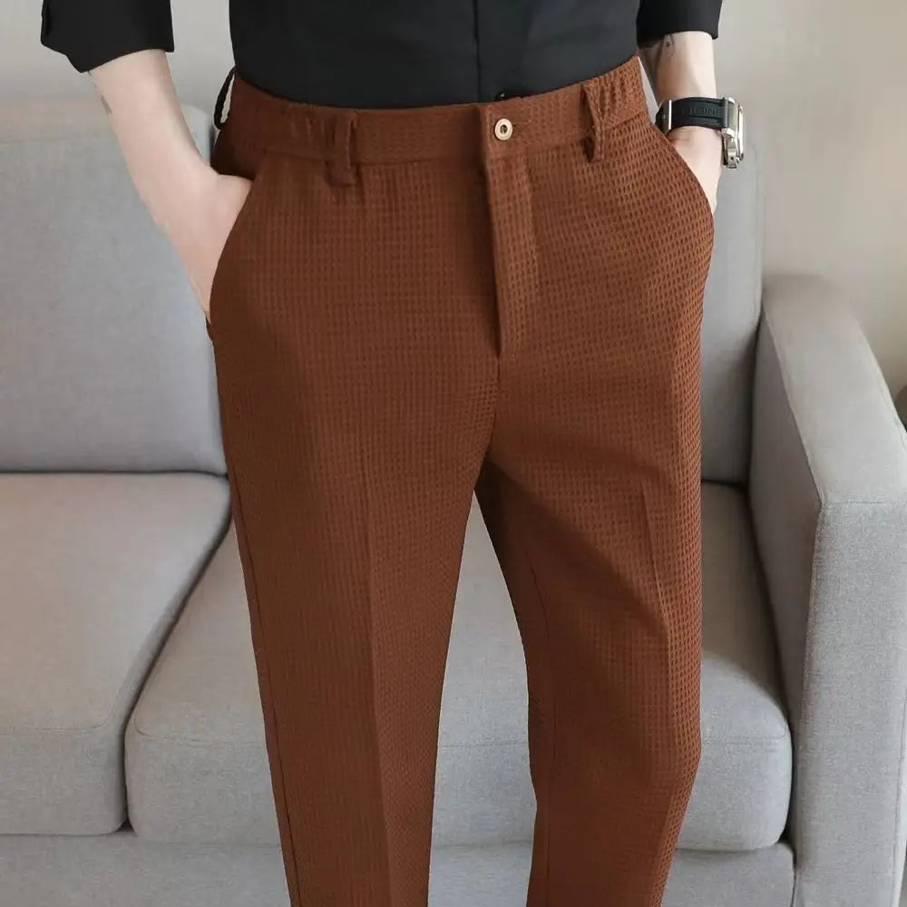 Trousers For Men Social Tailoring Slim Fit Waffle Tressed Man Suit Pants