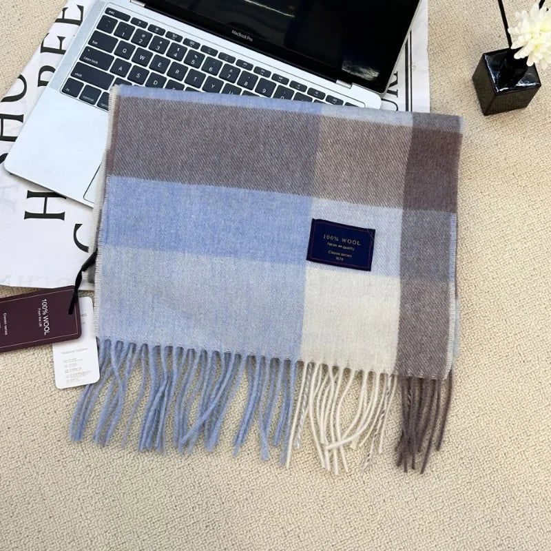 Men 100% Wool Plaid Muffler Cashmere Windproof Stripe Tassel Shaw Thick Scarf