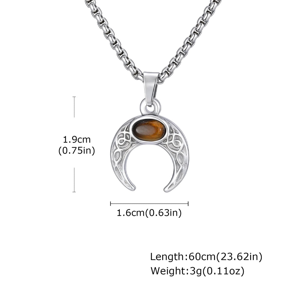 Vintage Moon Necklace for Men Natural Stone Stainless Steel Pendant Jewelry