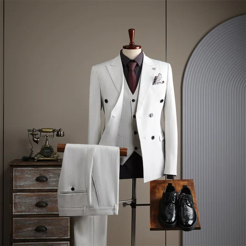 High-end Double-breasted Striped Suit for Men Casual Dress